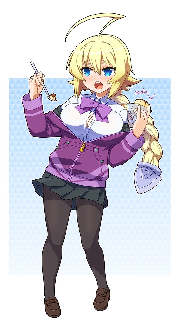 1girl ahoge blazblue blonde_hair blue_eyes braid braided_ponytail button_gap cosplay es_(xblaze) food gridman_universe nalia pinky_out pudding shinjou_akane_(cosplay) spoon ssss.gridman