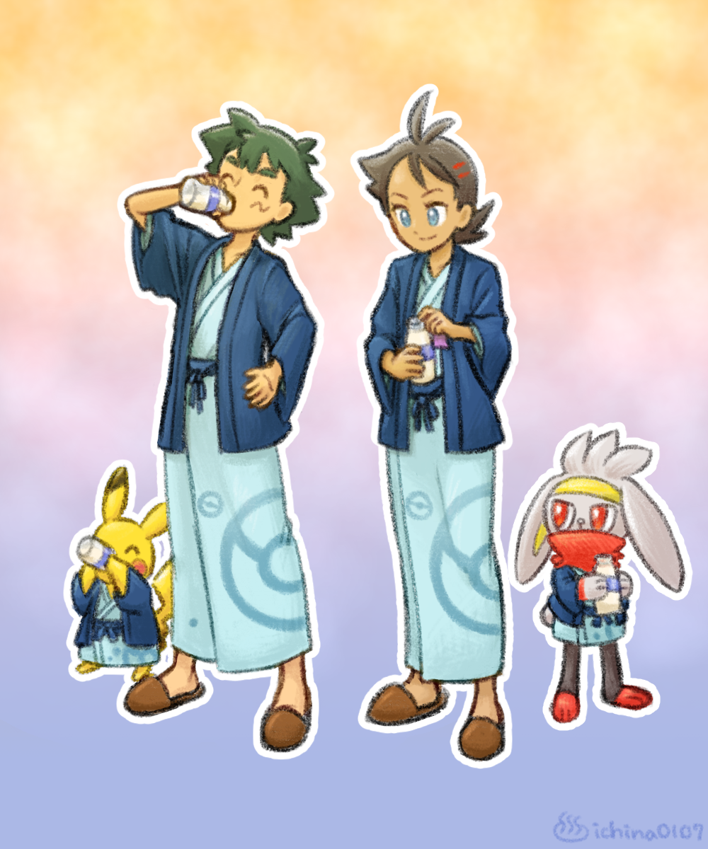 2boys antenna_hair ash_ketchum blue_eyes blue_jacket bottle brown_footwear brown_hair closed_eyes closed_mouth commentary_request creatures_(company) drinking game_freak gen_1_pokemon gen_8_pokemon goh_(pokemon) green_hair hand_up highres holding holding_bottle ichina0107 jacket long_sleeves male_focus multiple_boys nintendo outline pikachu poke_ball_print pokemon pokemon_(anime) pokemon_(creature) pokemon_journeys raboot sash short_hair slippers smile twitter_username