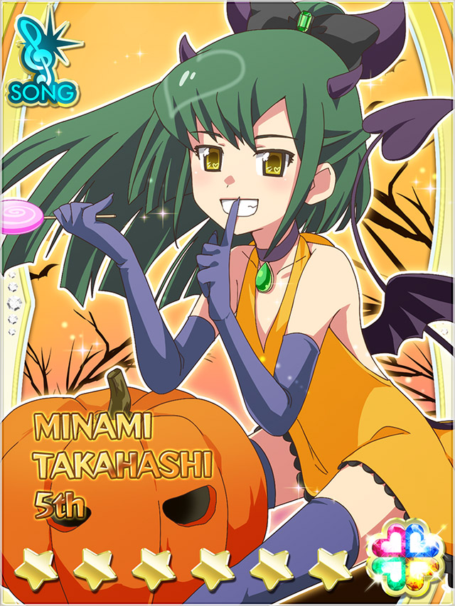 1girl akb0048 bare_tree bat_(animal) blue_gloves blue_thighhighs candy card_(medium) character_name collarbone demon_horns demon_tail demon_wings dress elbow_gloves fake_tail fake_wings feet_out_of_frame finger_to_mouth food gloves green_hair grin halloween halloween_costume heart high_ponytail holding holding_candy holding_food holding_lollipop horns index_finger_raised jack-o&#039;-lantern lollipop long_hair looking_at_viewer non-web_source official_art orange_dress orange_sky ponytail shushing sitting sky smile solo sparkle star_(symbol) swirl_lollipop tail takahashi_minami_(akb0048) teeth thighhighs three_quarter_view treble_clef tree wings yellow_eyes