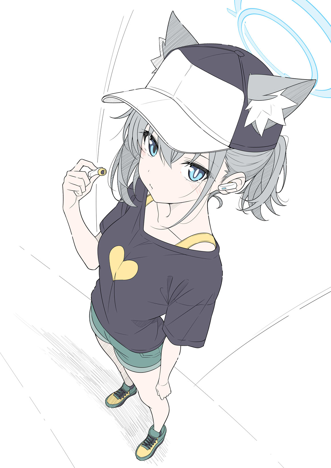 1girl animal_ear_fluff animal_ears baseball_cap black_shirt blue_archive blue_eyes blue_halo blush closed_mouth earphones ears_through_headwear extra_ears from_above green_shoes green_shorts grey_hair halo hat heart heart_print highres holding holding_earphones looking_at_viewer mismatched_pupils shiroko_(blue_archive) shirt shoes short_hair short_sleeves shorts sneakers solo t1kosewad wireless_earphones wolf_ears wolf_girl