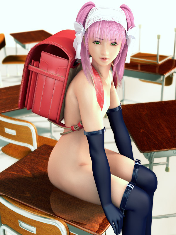 1girl 3d backpack bag belt black_thighhighs clear_(character) female_focus flat_chest gloves green_eyes incise_soul long_hair looking_at_viewer m-rs nude pink_hair randoseru ribbon school solo thighhighs