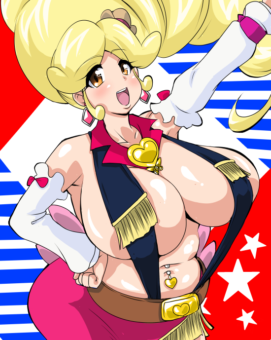 10s 1girl adapted_costume blonde_haired_cure_(bomber_girls_precure)_(happinesscharge_precure!) bomber_girls_precure breasts brooch earrings fat female_focus happinesscharge_precure! heart heart_brooch huge_breasts jewelry navel navel_piercing orange_eyes piercing precure solo sorano-umi