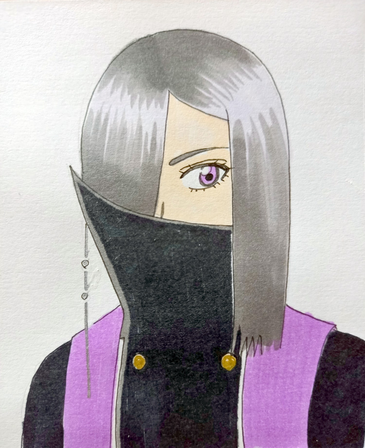 1girl black_hair cloak_covering_mouth kanisuka_rita kwai_chi ohsama_sentai_king-ohger purple_eyes super_sentai