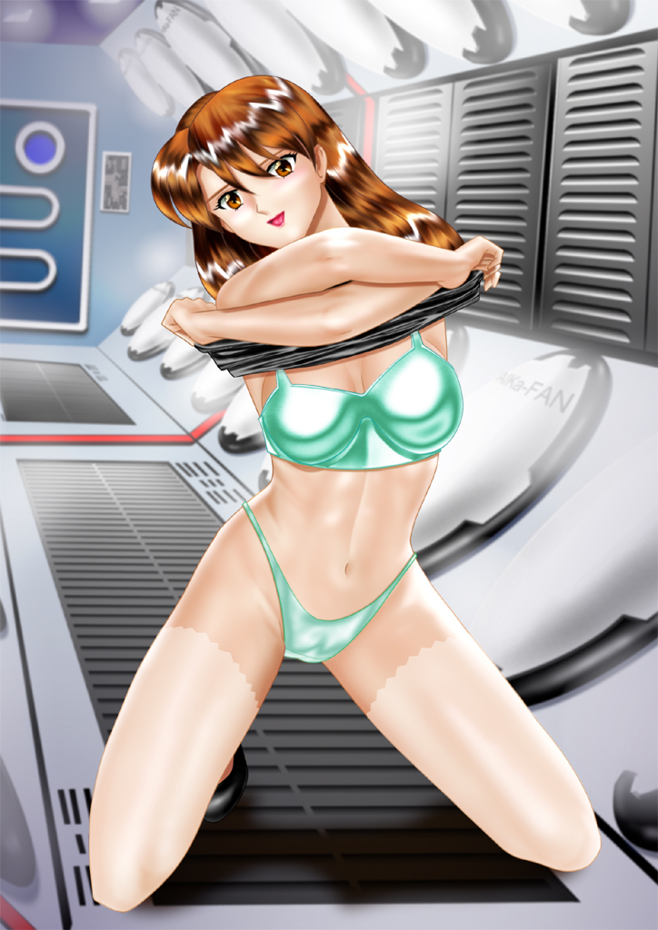 1girl agent_aika aika_(series) black_delmo black_footwear black_jacket blue_bra blue_panties bra breasts brown_eyes brown_hair clothes_lift delmo delmogeny_uniform female_focus full_body high_heels indoors jacket jacket_lift legs long_hair looking_at_viewer naomi_(agent_aika) navel no_socks open_mouth panties pantyshot solo squatting tan tanline thighs underwear undressing yuusuke_(ziyasu)