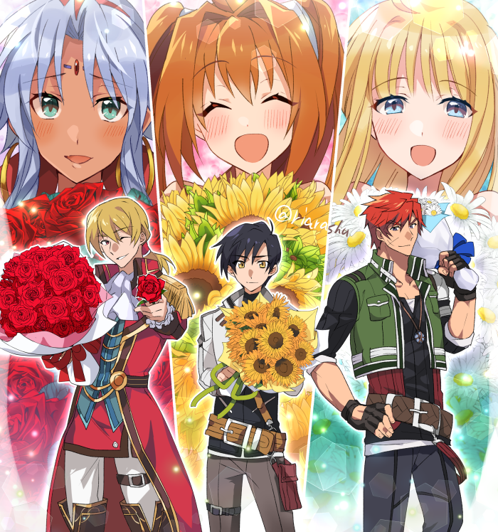 3boys 3girls ^_^ agate_crosner aqua_eyes black_hair blonde_hair blue_eyes blush bouquet brown_pants closed_eyes coat commentary_request daisy_(flower) dark-skinned_female dark_skin eiyuu_densetsu epaulettes estelle_bright fingerless_gloves flower gloves gold_trim green_vest hajimari_no_kiseki holding holding_flower jacket joshua_bright looking_at_viewer multiple_boys multiple_girls olivert_reise_arnor one_eye_closed open_mouth orange_hair pants ponytail pouch purple_hair red_coat red_hair riarashu rose scar scar_on_face scherazard_harvey smile sora_no_kiseki sunflower tita_russell twintails twitter_username vest white_jacket white_pants