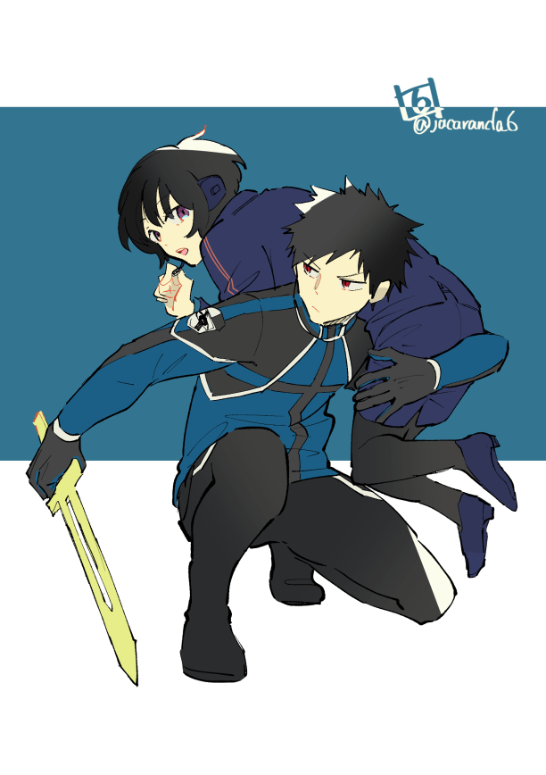 1boy 1girl black_footwear black_gloves black_pants black_pantyhose blue_background blue_jacket bob_cut border_operator_uniform_(world_trigger) carrying_over_shoulder closed_mouth full_body gloves hand_up headphones headset holding holding_sword holding_weapon jacket kaburock2002 kazama_souya kazama_squad&#039;s_uniform long_sleeves looking_at_viewer looking_back looking_to_the_side mikami_kaho on_one_knee open_mouth pants pantyhose purple_footwear purple_skirt red_eyes short_hair short_sword skirt sword twitter_username weapon white_background world_trigger