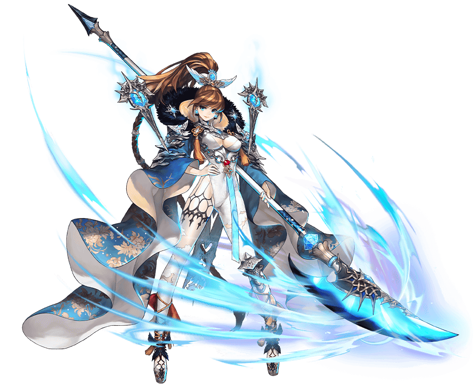 1girl aqua_eyes blue_eyes bodysuit brown_hair cleavage_cutout closed_mouth clothing_cutout copyright_notice covered_navel floating floating_object full_body glowing glowing_weapon guan_dao hand_on_own_hip holding holding_polearm holding_weapon long_hair looking_at_viewer official_alternate_costume official_art olivia_(yh) phantom_of_the_kill polearm ponytail qinglong_yanyue_dao seiryuu_engetsutou_(phantom_of_the_kill) simple_background skin_tight smile solo standing tachi-e third-party_source transparent_background weapon white_bodysuit winged_hair_ornament