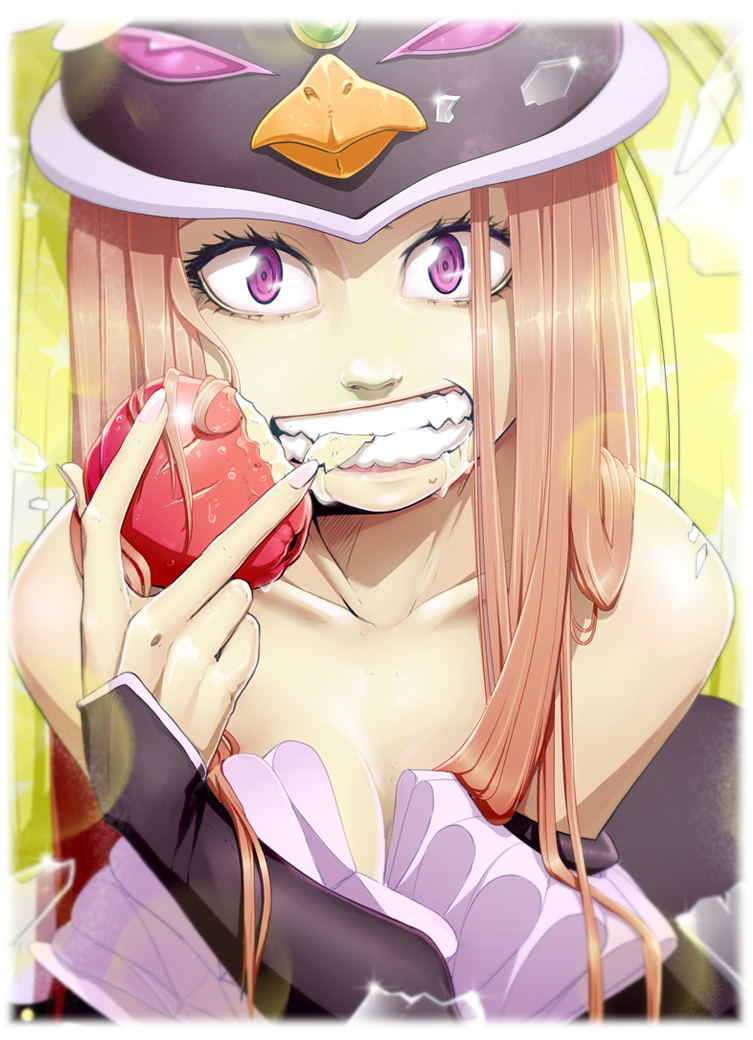 1girl apple bare_shoulders bird black_dress brown_hair clenched_teeth commentary dress eating english_commentary fangs female_focus food fruit hat long_hair long_sleeves looking_at_viewer materclaws mawaru_penguindrum penguin princess_of_the_crystal purple_eyes ringed_eyes saliva solo teeth upper_body yellow_background