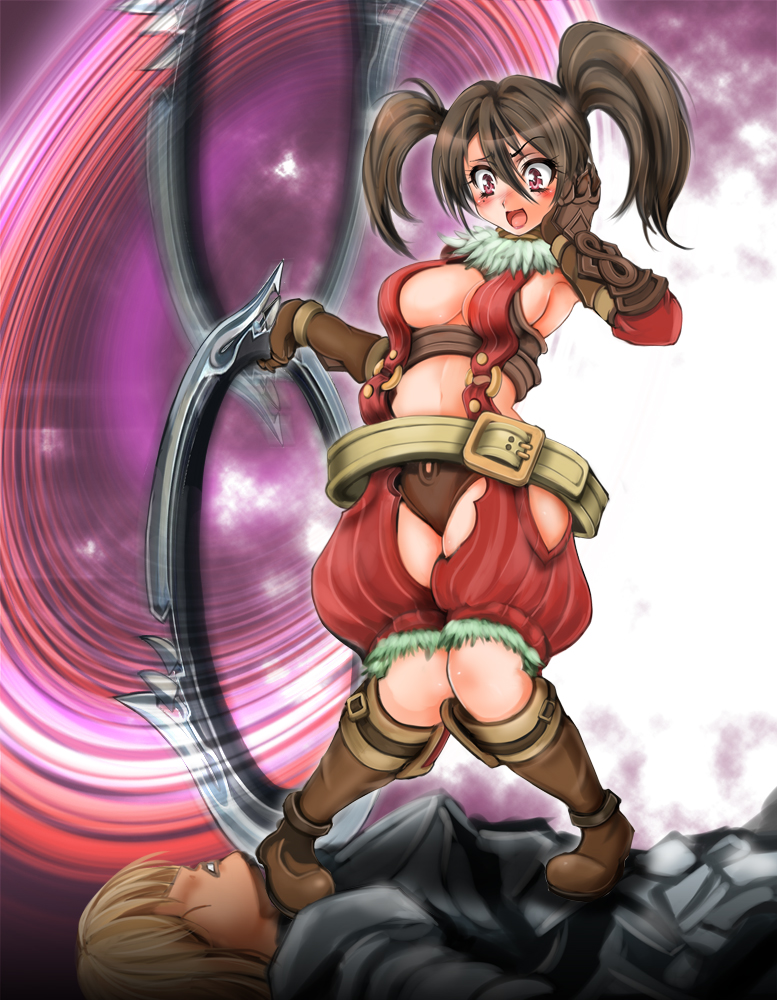 1041_(toshikazu) armor blush brown_hair gloves long_hair mole purple_eyes siegfried_schtauffen soul_calibur soulcalibur_iv tira_(soulcalibur) twintails weapon
