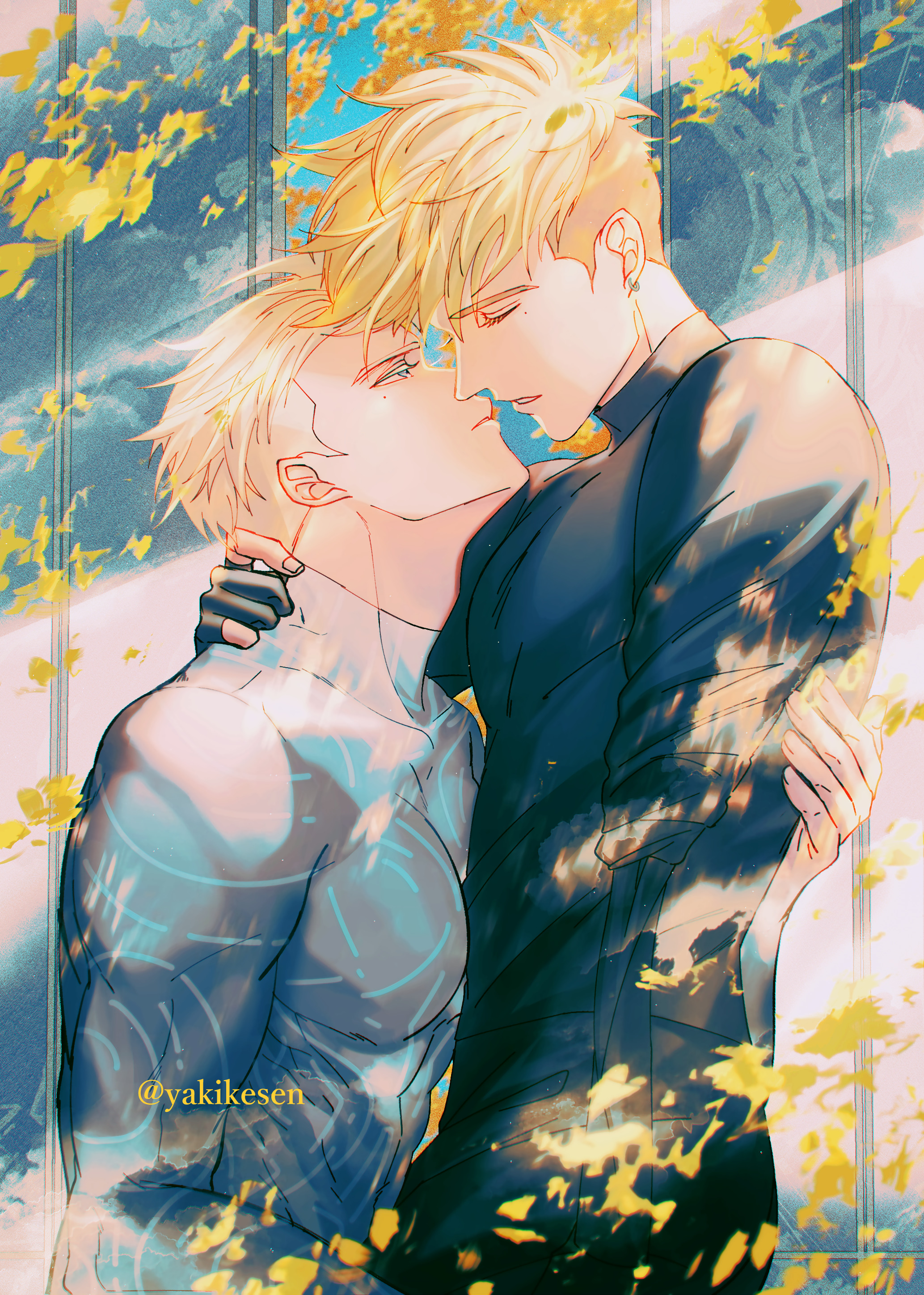 2boys absurdres amputee blonde_hair blue_eyes brothers eyelashes hand_on_another&#039;s_neck highres imminent_kiss incest male_focus millions_knives multiple_boys pectorals short_hair siblings sweater trigun trigun_stampede turtleneck turtleneck_sweater twitter_username upper_body vash_the_stampede yakikesen yaoi