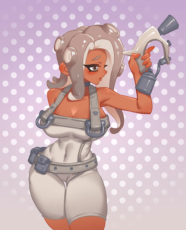 1girl agent_8_(splatoon) bare_shoulders belt_pouch bodysuit breasts cleavage cowboy_shot curvy facing_to_the_side grey_eyes grey_hair holding holding_weapon large_breasts little123blood multicolored_hair nintendo octoling open_mouth order_dualies_(splatoon) pouch short_eyebrows short_shorts shorts simple_background skin_tight solo splatoon_(series) splatoon_3 splatoon_3:_side_order tan tentacle_hair thick_eyebrows two-tone_hair weapon white_bodysuit white_shorts wide_hips