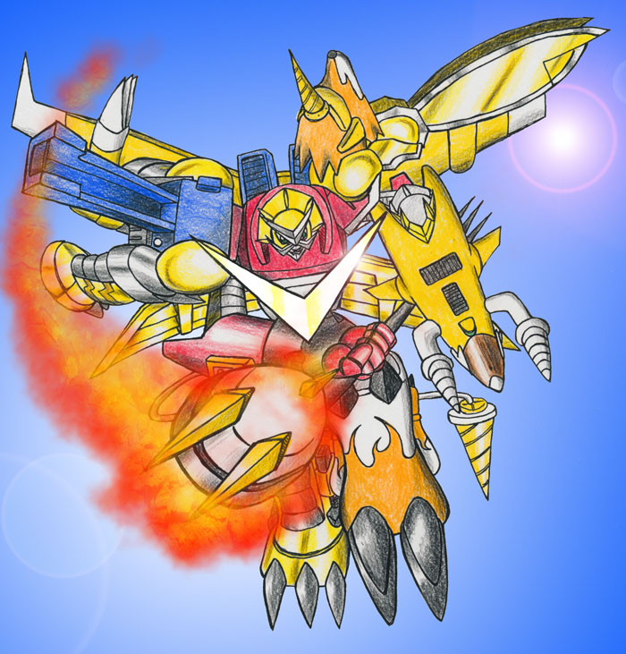 digimon digimon_(creature) drill flying fusion horns microphone shoutmon_x7