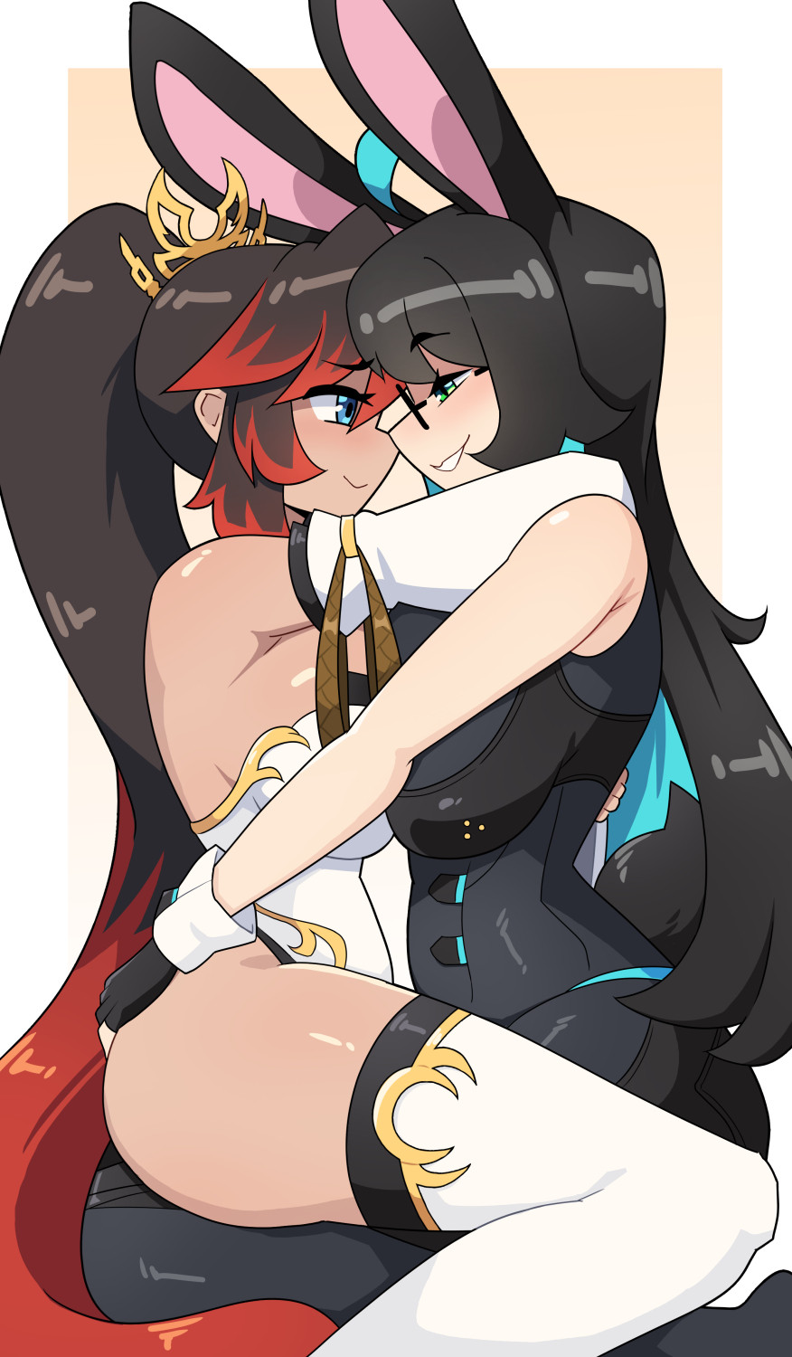 2girls animal_ears arms_around_neck aya_sami bare_shoulders black_bodysuit black_hair blue_eyes blue_hair bodysuit breast_press breasts commentary commission daigada detached_sleeves dress english_commentary glasses grabbing_another&#039;s_ass green_eyes groping highres hug indie_virtual_youtuber large_breasts multicolored_hair multiple_girls nanbu_kaguya ponytail rabbit_ears rabbit_tail red_hair strapless strapless_dress super_robot_wars super_robot_wars_og_saga_mugen_no_frontier symmetrical_docking tail thighhighs two-tone_hair virtual_youtuber white_dress yuri