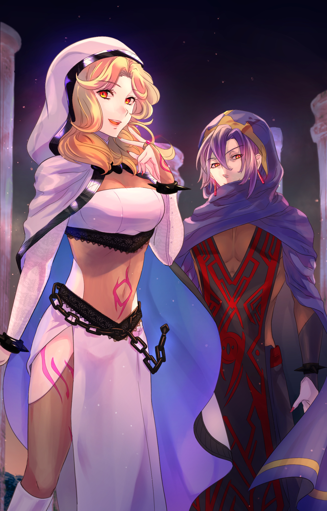 1boy 1girl blonde_hair blue_cape breasts cape chain cleavage cloak corruption dark_persona fire_emblem fire_emblem:_the_sacred_stones highres knoll_(fire_emblem) large_breasts long_hair looking_at_viewer natasha_(fire_emblem) nintendo purple_hood red_eyes riou_(pooh920) smile white_hood