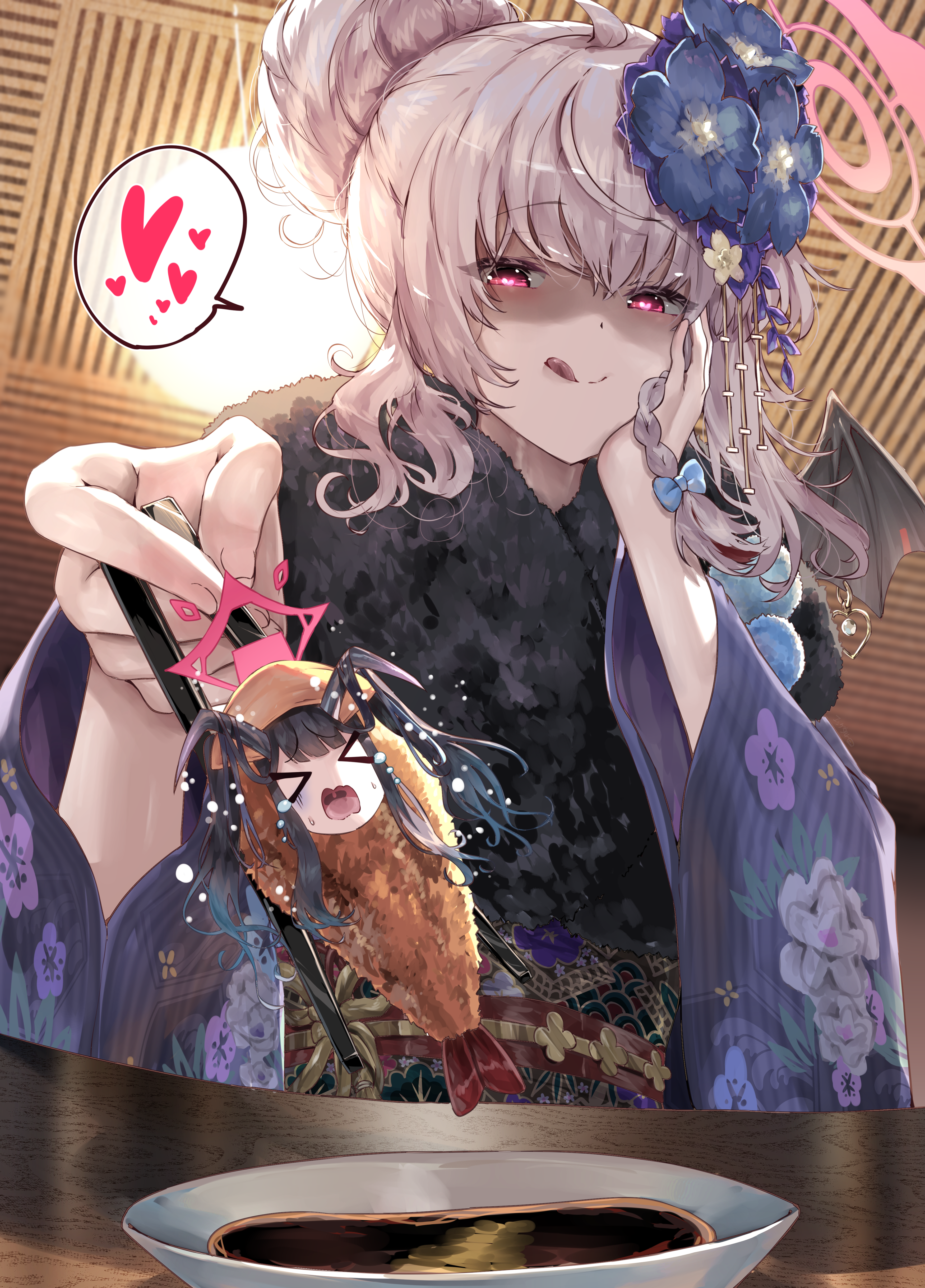 >_< 2girls :o absurdres black_hair blue_archive braid chopsticks demon_horns demon_wings evil_smile flower food fried_hoshino_(meme) fur_trim fuuka_(blue_archive) hair_between_eyes hair_bun hair_flower hair_ornament hand_on_own_cheek hand_on_own_face haruna_(blue_archive) haruna_(new_year)_(blue_archive) heart heart-shaped_pupils highres holding holding_chopsticks horns japanese_clothes kimono licking_lips meme multicolored_sash multiple_girls nervous purple_kimono screaming shaded_face shrimp shrimp_tempura smile soy_sauce sunnysideup symbol-shaped_pupils tempura tongue tongue_out white_hair wings