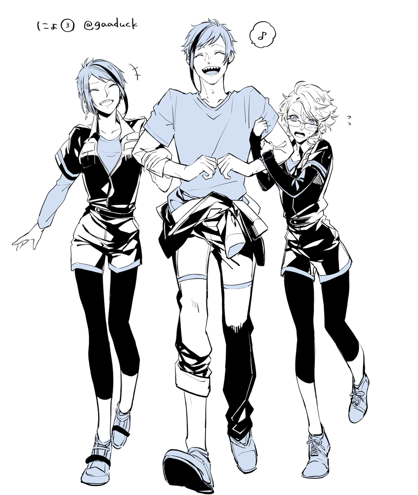 1boy 2girls arm_grab azul_ashengrotto brother_and_sister casual clothes_around_waist earrings facing_viewer floyd_leech flying_sweatdrops full_body genderswap genderswap_(mtf) glasses hand_on_another&#039;s_arm happy holding_another&#039;s_arm holding_hands jacket jacket_around_waist jade_leech jewelry laughing layered_sleeves long_sleeves looking_away looking_down monochrome multicolored_hair multiple_girls musical_note pants pants_rolled_up pantyhose pantyhose_under_shorts sharp_teeth shirai shirt shoes short_hair short_over_long_sleeves short_sleeves shorts siblings side-by-side simple_background single_earring sneakers spoken_musical_note streaked_hair t-shirt teeth twins twisted_wonderland walking