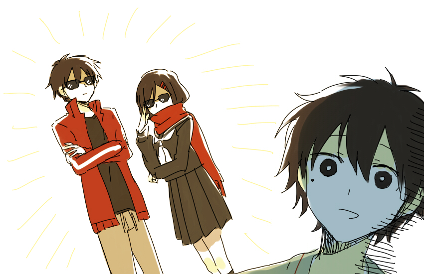 1girl 2boys aaniko adjusting_eyewear black_eyes black_hair black_sailor_collar black_serafuku black_shirt black_skirt black_socks bright_pupils brown_pants casual close-up closed_mouth collared_jacket commentary_request covered_mouth crossed_arms double-parted_bangs dutch_angle enpera facing_viewer feet_out_of_frame fringe_trim hair_between_eyes hair_ornament hairclip jacket kagerou_project kisaragi_shintarou kokonose_haruka limited_palette long_sleeves looking_at_viewer mole mole_under_eye multiple_boys neckerchief open_clothes open_jacket open_mouth pants pleated_skirt popped_collar portrait red_jacket red_scarf sailor_collar scarf scarf_over_mouth school_uniform serafuku serious shirt short_hair simple_background single_stripe sketch skirt sleeve_cuffs socks standing striped_clothes striped_jacket sunglasses surprised t-shirt tateyama_ayano white_background white_neckerchief white_pupils white_stripes