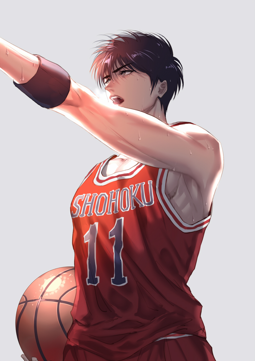 1boy arm_up ball bare_shoulders basketball_(object) basketball_jersey basketball_uniform black_hair brown_eyes commentary commentary_request eilinna english_commentary grey_background hair_between_eyes holding holding_ball looking_away male_focus messy_hair mixed-language_commentary open_mouth red_shirt red_shorts rukawa_kaede shirt short_hair shorts simple_background slam_dunk_(series) sleeveless sleeveless_shirt solo sportswear sweat teeth v-shaped_eyebrows wristband