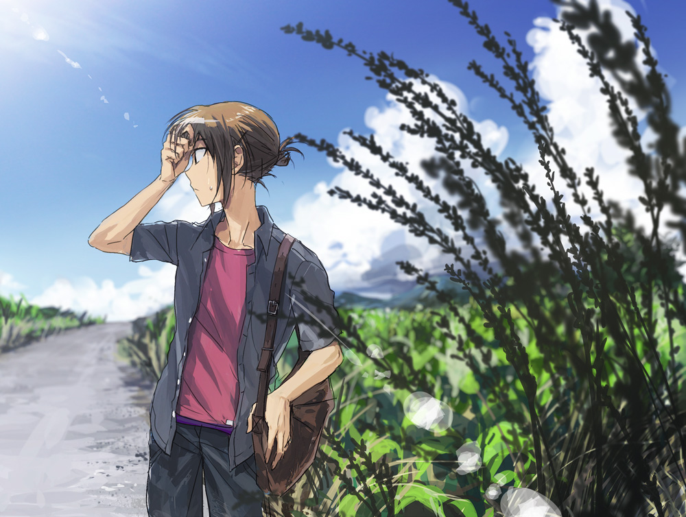 1boy bag blue_sky brown_bag brown_eyes brown_hair cloud dappled_sunlight dress_shirt duffel_bag facing_to_the_side gravel grey_pants grey_shirt hair_up hand_on_own_head leaf looking_to_the_side male_focus moribuden outdoors pants red_shirt road shirt sky sunlight tree wheat yu-gi-oh! yu-gi-oh!_gx yuki_judai