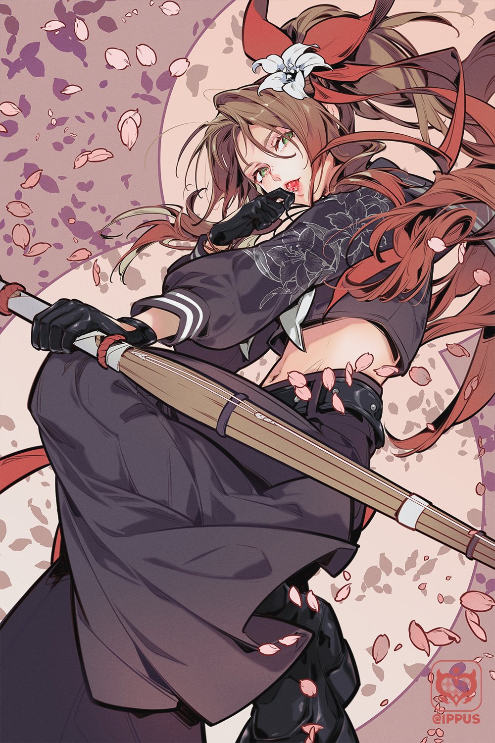 1girl aerith_gainsborough aerith_gainsborough_(midgard_seventh_high_school) belt black_gloves black_shirt black_shoes black_skirt bracelet brown_hair candy cherry_blossoms colored_tips crop_top delinquent falling_petals final_fantasy final_fantasy_vii final_fantasy_vii_ever_crisis flower food gloves green_eyes grey_neckerchief hair_between_eyes hair_flower hair_ornament hair_ribbon highres holding holding_candy holding_food holding_lollipop holding_staff ippus jewelry lollipop long_hair long_skirt midriff multicolored_hair multiple_bracelets navel neckerchief official_alternate_costume official_alternate_hairstyle open_mouth parted_bangs petals pink_petals ponytail red_hair red_ribbon ribbon shirt shoes sidelocks skirt solo staff studded_belt sukeban twitter_username white_flower