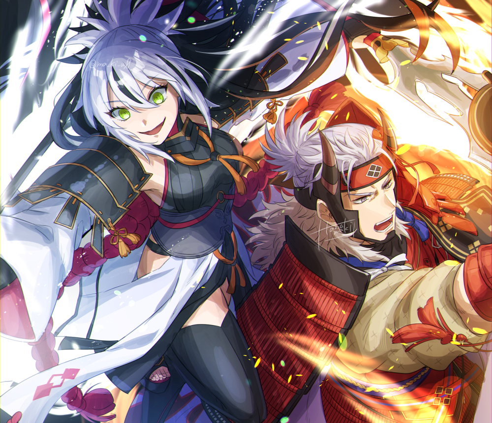 1boy 1girl armor black_hair commentary_request fake_horns fate/grand_order fate_(series) green_eyes grey_eyes grey_hair high_ponytail hip_vent holding holding_polearm holding_weapon horned_headwear horns japanese_armor kamuinii kote long_hair multicolored_hair nagao_kagetora_(fate) open_mouth polearm ponytail red_armor rope_belt shoulder_armor sode streaked_hair takeda_shingen_(fate) teeth thighhighs two-tone_hair uesugi_kenshin_(fate) uesugi_kenshin_(first_ascension)_(fate) weapon