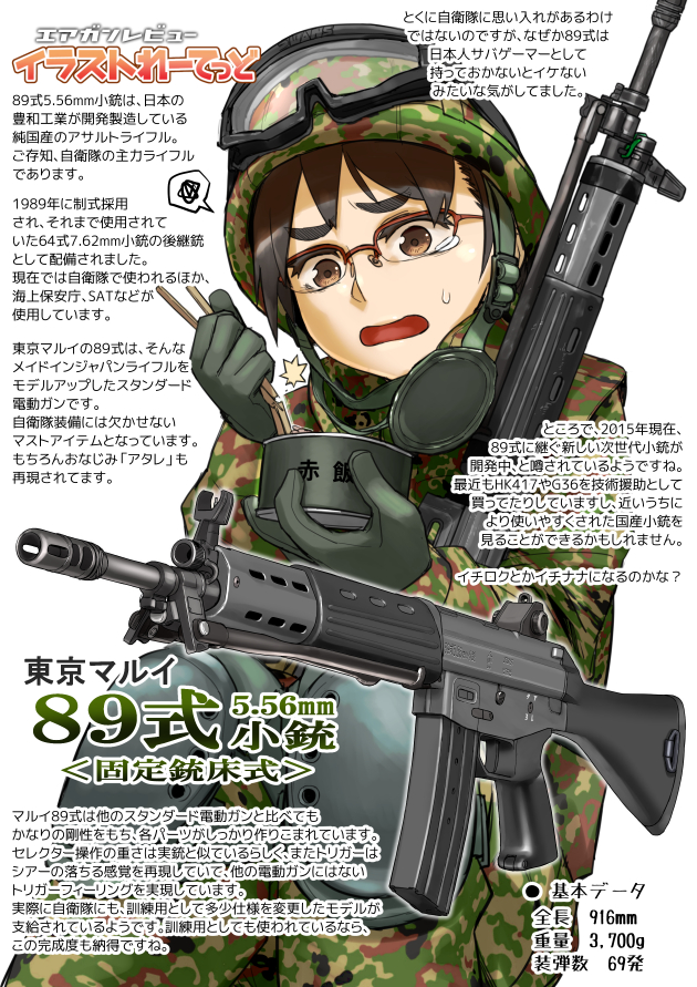 1girl airsoft_review_illustrated assault_rifle ballistic_helmet bipod black_hair broken_chopsticks brown_eyes camouflage can carbine chopsticks didloaded field_ration glasses goggles gun helmet holding howa howa_type_89 information_sheet iron_sights japan japan_ground_self-defense_force japan_self-defense_force japanese_text knee_pads long_gun military military_uniform original rifle safety_glasses text_focus translation_request type_66_helmet weapon weapon_focus weapon_profile