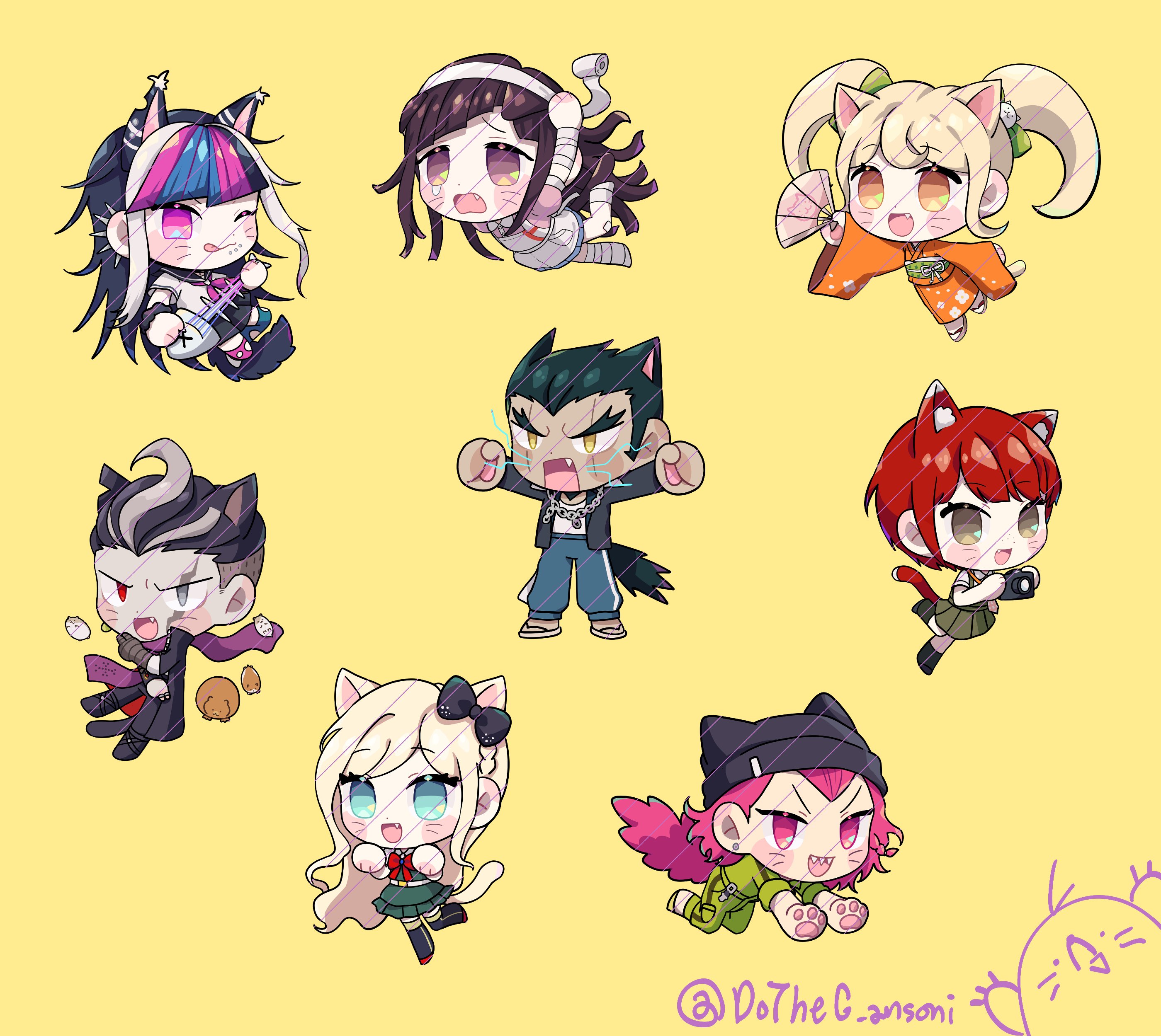 3boys 5girls :d :q absurdres animal animal_ears apron artist_name bandaged_arm bandages bandaid bandaid_on_knee bandaid_on_leg black_hair black_headwear black_skirt blonde_hair blue_hair blush blush_stickers bow bowtie camera cat-tail cat_boy cat_ears cat_girl cat_hair_ornament cham-p danganronpa_(series) danganronpa_2:_goodbye_despair dudeoji_(dotheg_ansoni) ear_piercing earrings facial_mark fang fish green_bow green_thighhighs grey_eyes grey_hair hair_bow hair_ornament hamster heterochromia highres holding holding_camera jacket japanese_clothes jewelry jum-p jumpsuit kemonomimi_mode kimono koizumi_mahiru long_hair long_sleeves looking_at_viewer maga-g medium_hair mioda_ibuki multicolored_hair multiple_boys multiple_girls necktie nidai_nekomaru one_eye_closed open_clothes open_jacket open_mouth orange_eyes pants piercing pink_hair pink_shirt pink_thighhighs red_bow red_bowtie red_eyes red_hair saionji_hiyoko shirt short_hair short_sleeves simple_background skirt smile sonia_nevermind soda_kazuichi sun-d tanaka_gundham thighhighs tongue tongue_out torn_clothes torn_thighhighs tsumiki_mikan twintails two-tone_hair whisker_markings