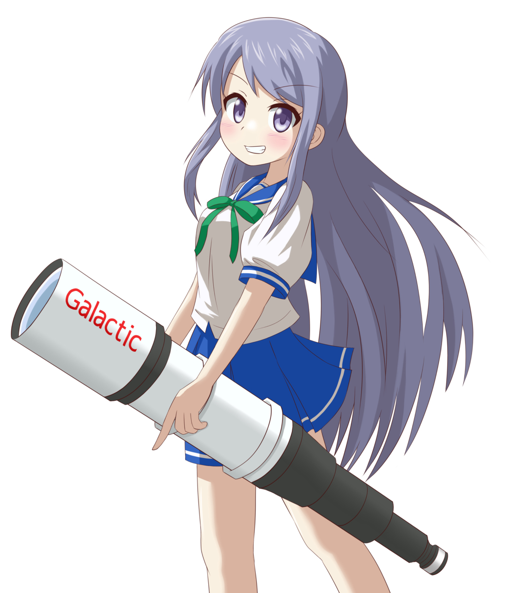 1girl blue_sailor_collar blush breasts feet_out_of_frame female_focus highres koisuru_asteroid long_hair looking_at_viewer medium_breasts nanog_eb1994 purple_eyes purple_hair sailor_collar school_uniform serafuku short_sleeves simple_background solo standing suzuya_moe teeth telescope white_background