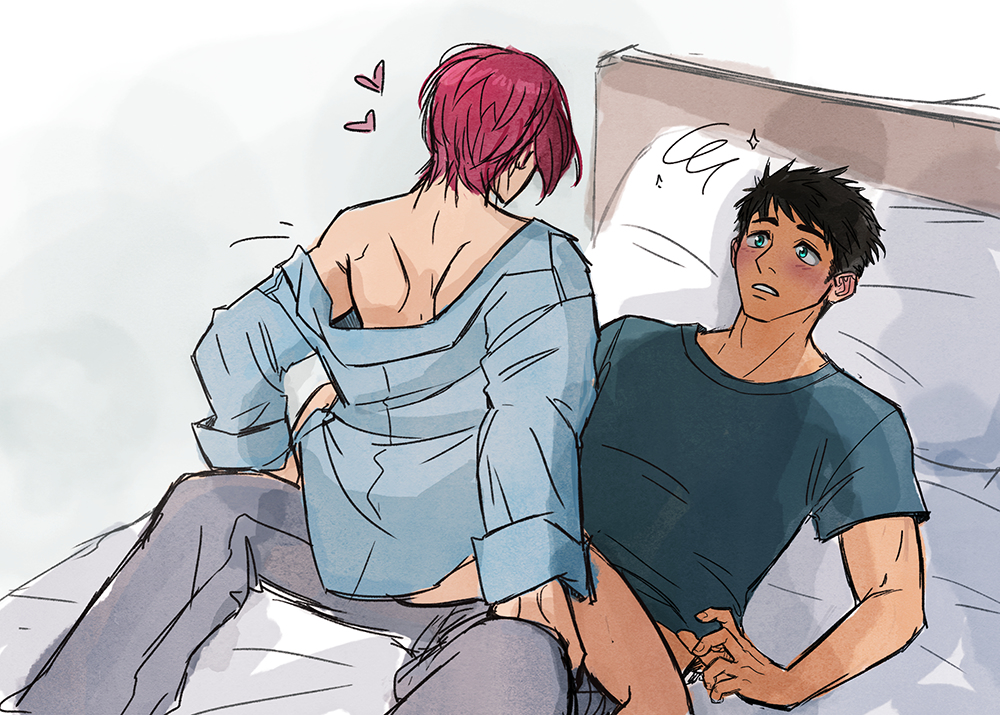 2boys bed free! heart matsuoka_rin multiple_boys straddling yamazaki_sousuke yaoi