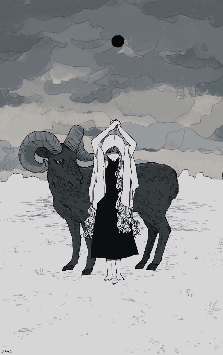 1girl barefoot bleeding blood blood_on_snow circle closed_mouth dress expressionless field goat greyscale hands_up hood hood_up jpeg_artifacts long_hair looking_at_viewer monochrome onobane original outdoors overcast own_hands_clasped own_hands_together procreate_(medium) shawl signature sky sleeveless sleeveless_dress snow solo standing very_long_hair wavy_hair wide_shot