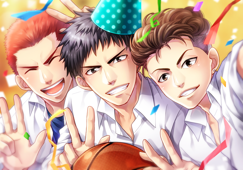 3boys ball basketball_(object) black_hair blue_shirt brown_eyes brown_hair closed_eyes collared_shirt confetti earrings grin happy hat holding holding_ball jewelry jin_akhr looking_at_viewer male_focus mitsui_hisashi miyagi_ryouta multiple_boys open_mouth party_hat red_hair sakuragi_hanamichi scar scar_on_chin scar_on_face shirt short_hair slam_dunk_(series) smile teeth undercut undershirt v white_shirt yellow_background