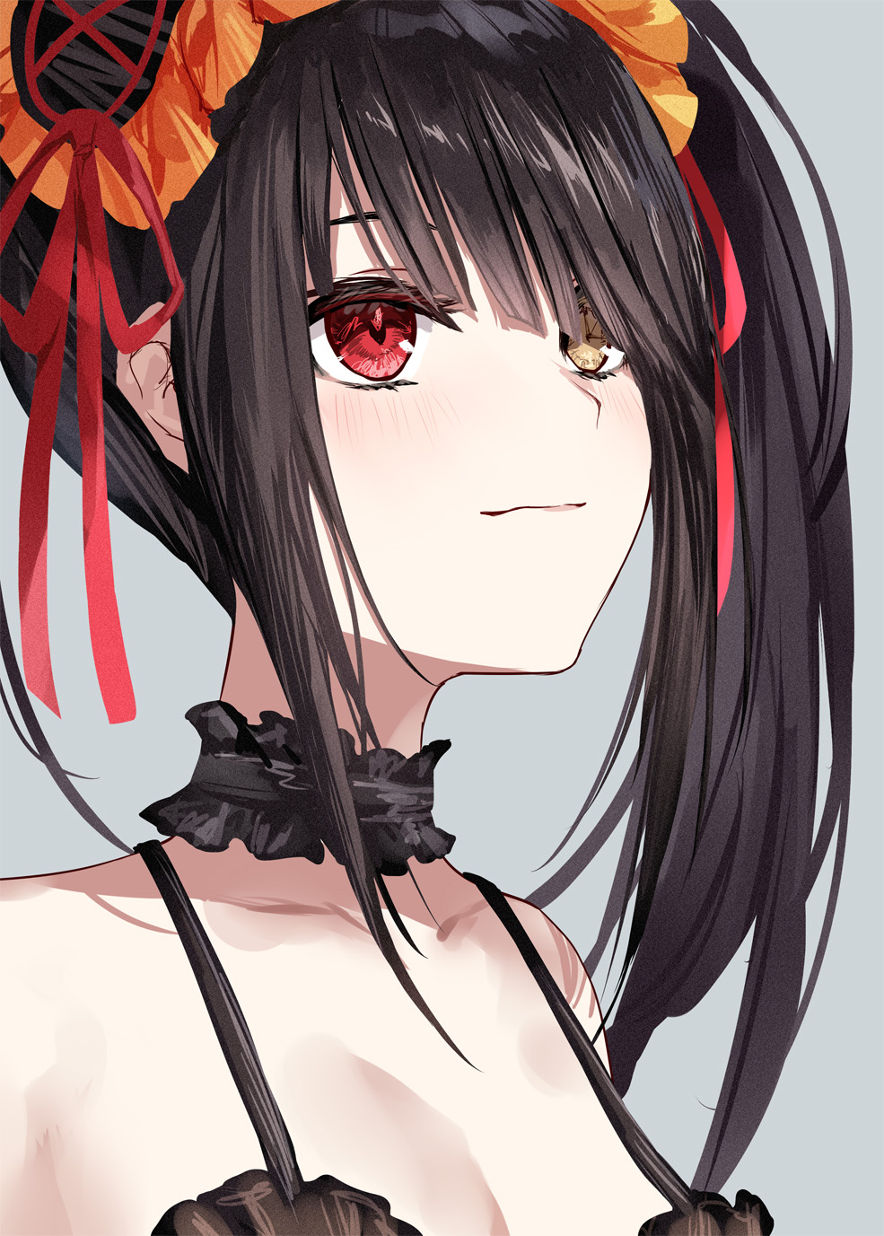 1girl asle bare_shoulders black_hair breasts chinese_commentary choker clock_eyes commentary_request date_a_live frilled_choker frilled_hairband frills grey_background hairband heterochromia highres light_smile long_hair looking_ahead portrait red_eyes sidelocks simple_background sleeveless solo spaghetti_strap symbol-shaped_pupils tokisaki_kurumi twintails yellow_eyes