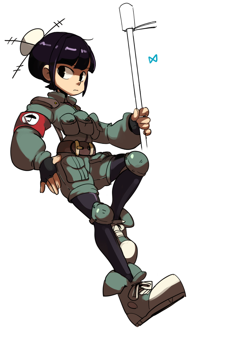 1girl armband belt belt_buckle black_eyes brown_belt buckle crosshair fingerless_gloves gloves gun highres juju_(skullgirls) lakilolom red_armband rifle short_hair simple_background skullgirls sniper_rifle soldier solo tagme weapon white_background