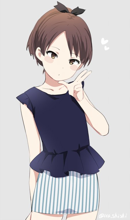 10s 1girl alternate_costume blouse blue_shirt blush_stickers brown_hair casual collarbone cowboy_shot eyebrows female_focus frilled_shirt frills grey_background hair_ornament hand_up head_tilt heart ica jpeg_artifacts kantai_collection looking_at_viewer ponytail shikinami_(kancolle) shirt simple_background skirt sleeveless sleeveless_shirt solo striped_clothes striped_skirt twitter_username v vertical-striped_clothes vertical-striped_skirt yellow_eyes