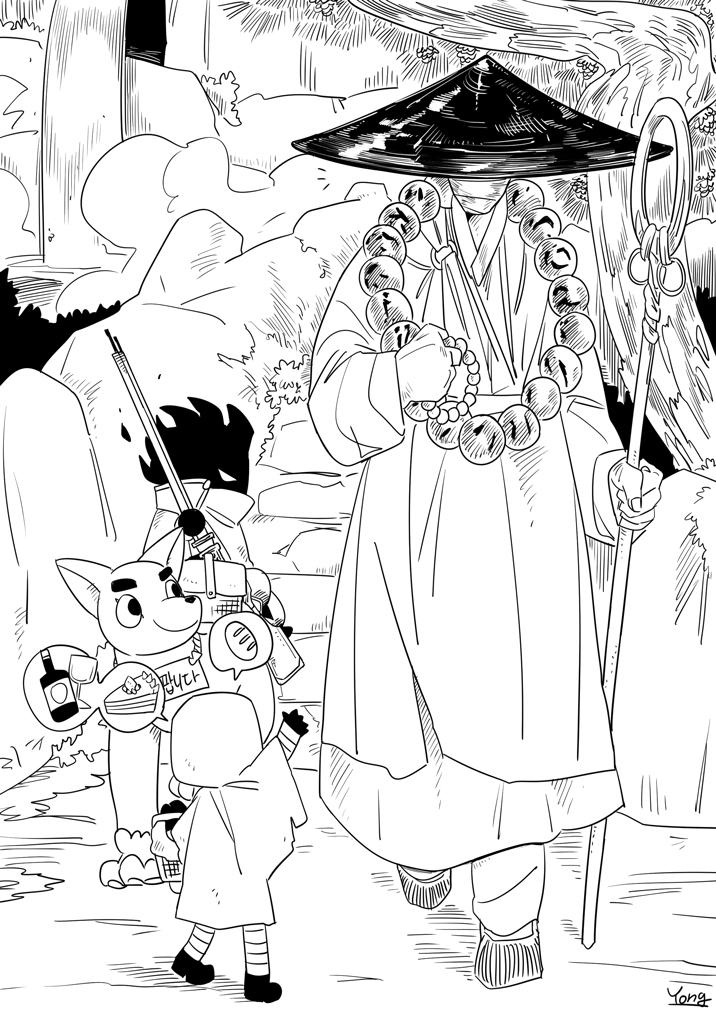 1girl 2boys bead_necklace beads big_and_will_be_bad_wolf cape clouded_monk der_freischuetz_(project_moon) flaming_head force_(4sk_force) full_body greyscale gun hat holding holding_gun holding_staff holding_weapon hood hooded_cape japanese_clothes jewelry kimono little_red_riding_hood_(fairy_tale) little_red_riding_hooded_mercenary lobotomy_corporation monochrome multiple_boys necklace pants prayer_beads project_moon rifle staff stairs walking weapon