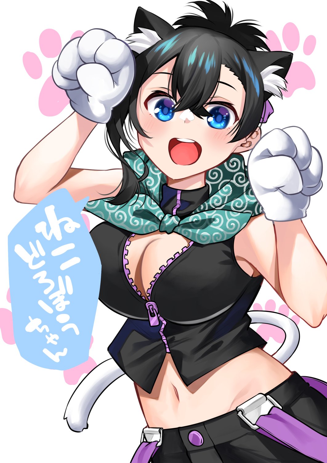 1girl animal_ear_fluff animal_ears animal_hands bandana bandana_around_neck black_hair black_shirt black_shorts blue_eyes breasts cat_ears cat_tail cleavage commentary_request crop_top crossed_bangs dorobou-chan folded_ponytail gloves green_bandana hair_ribbon hands_up highres hitotose_hirune kemonomimi_mode large_breasts looking_at_viewer midriff navel nemukata_(dorobou-chan) open_mouth partially_unzipped paw_gloves paw_pose paw_print paw_print_background purple_ribbon ribbon shirt shorts sleeveless sleeveless_shirt solo spiral_print tail teeth translation_request upper_body upper_teeth_only white_background white_gloves white_tail