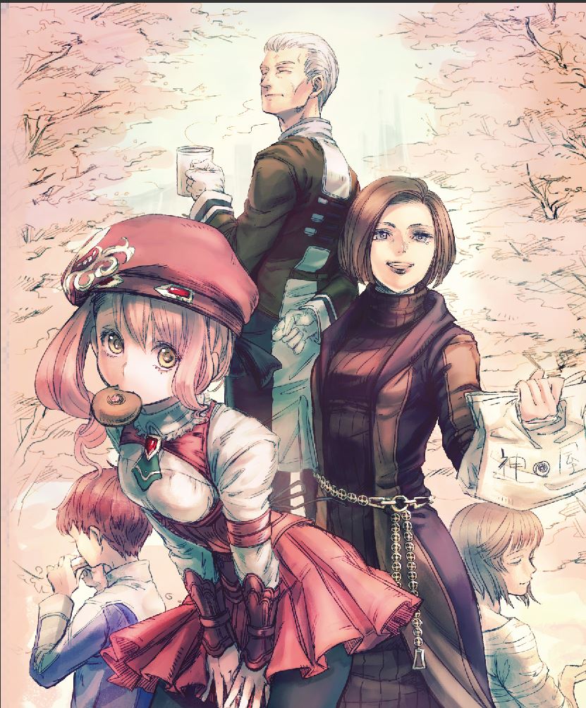 beret black_hair bomssp breasts character_request closed_mouth dress food gloves hat joachim_mizrahi jr. juli_mizrahi looking_at_viewer momo_mizrahi multiple_boys multiple_girls pantyhose pink_hair sakura_mizrahi short_hair skirt smile white_hair xenosaga xenosaga_episode_iii yellow_eyes