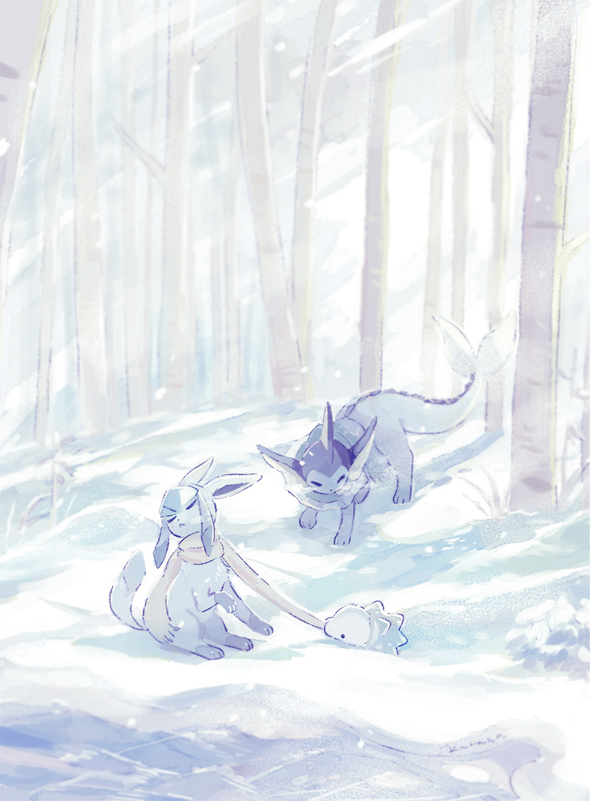 animal_focus bare_tree birch_tree breath bush closed_eyes clothes_pull cold day eating eating_clothes fins foliage forest gen_1_pokemon gen_4_pokemon gen_8_pokemon glaceon head_fins light nature nintendo no_humans on_ground outdoors pokemon pokemon_(creature) pulling river riverbank scarf sitting snom snow snowing standing sunlight tree vaporeon winter worm yellow_scarf yurano_(upao)