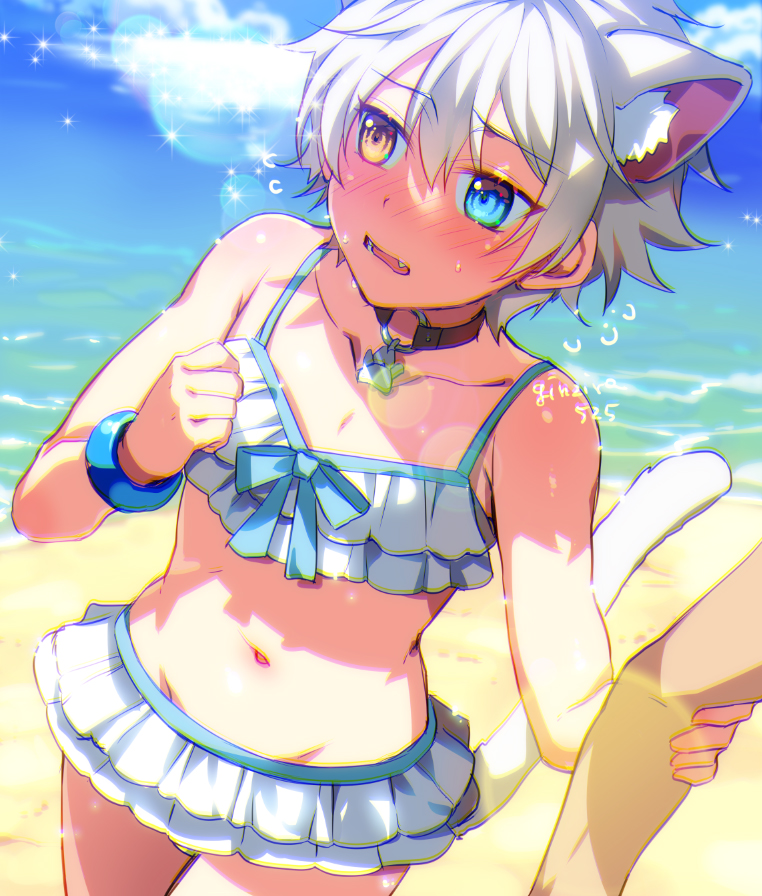 1boy animal_ears beach bikini blue_eyes cat_boy cat_ears cat_tail collar crossdressing facing_viewer ginjiro_(ginziro525) ginjiro_(vtuber) heterochromia indie_virtual_youtuber looking_to_the_side male_focus orange_eyes short_hair solo swimsuit tail virtual_youtuber white_hair