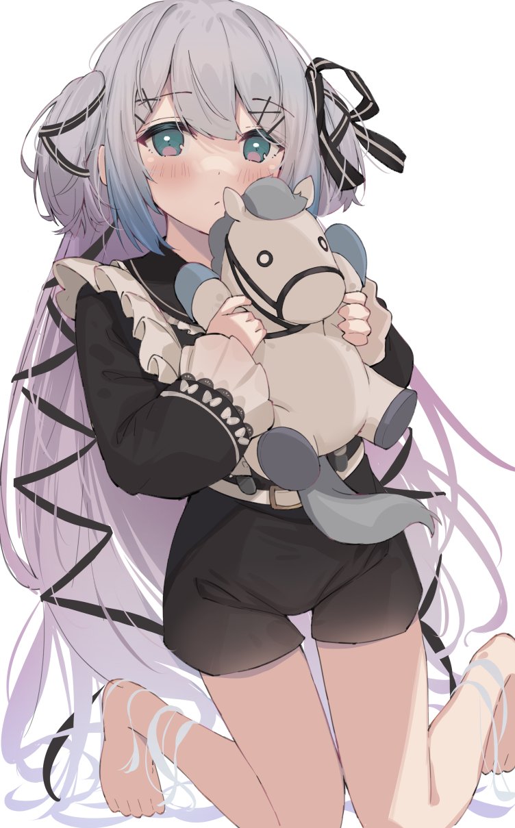 1girl barefoot belt black_ribbon black_shirt black_shorts blush closed_mouth eip_(pepai) frilled_shirt frilled_sleeves frills green_eyes grey_hair hair_ornament hair_ribbon hairclip highres holding holding_stuffed_toy indie_virtual_youtuber kneeling long_hair long_sleeves looking_at_viewer petr_petrichor ribbon shirt shorts simple_background solo stuffed_animal stuffed_horse stuffed_toy two_side_up very_long_hair virtual_youtuber white_background white_belt x_hair_ornament
