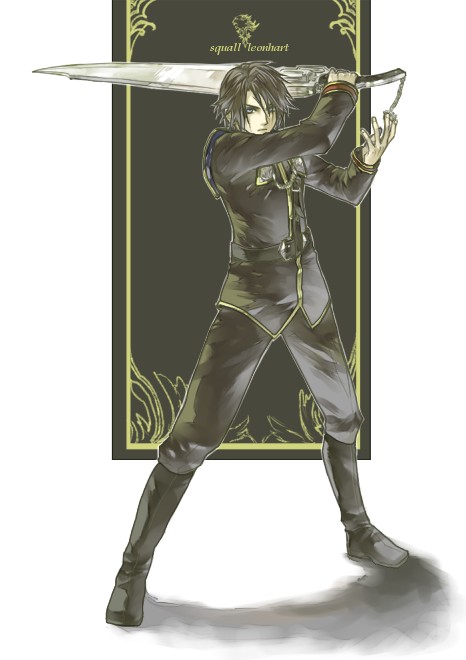 1boy aiguillette belt black_belt black_boots black_jacket black_pants blue_eyes boots brown_hair character_name commentary_request dated_commentary fighting_stance final_fantasy final_fantasy_viii full_body gunblade hands_up hinokami holding holding_weapon jacket knee_boots looking_to_the_side male_focus military_jacket military_uniform pants scar scar_on_face seed_uniform_(ff8) serious shadow short_hair shoulder_belt sleeve_cuffs solo squall_leonhart weapon