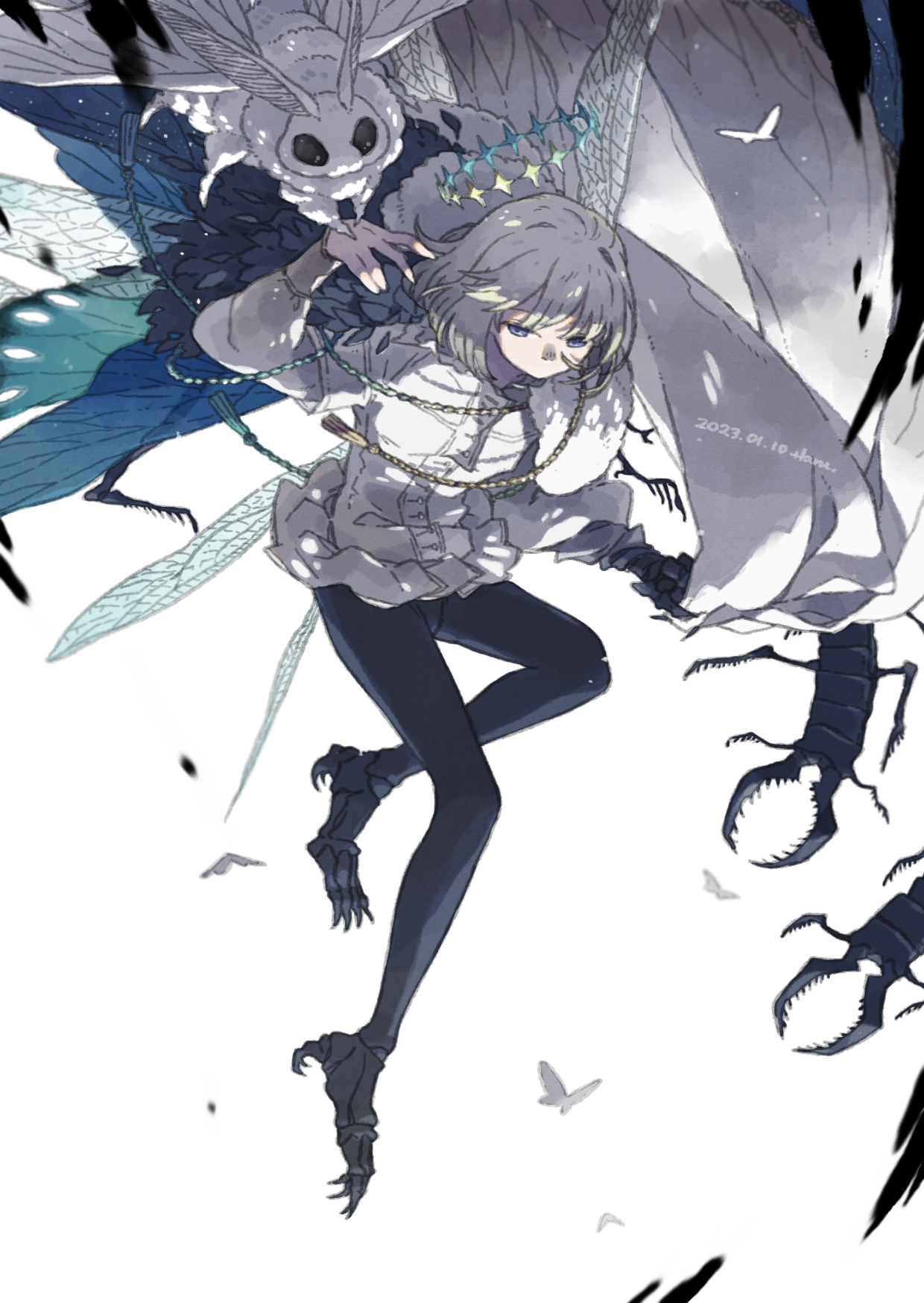 1boy arthropod_boy asymmetrical_arms black_pants blanca_(fate) blue_eyes bug butterfly cape centipede commentary dated diamond_hairband dragonfly_wings fate/grand_order fate_(series) full_body fur-trimmed_cape fur_trim grey_hair highres insect insect_wings long_sleeves looking_to_the_side male_focus medium_hair moonriver0123 moth multicolored_cape oberon_(fate) oberon_(third_ascension)_(fate) pants shirt sidelocks simple_background solo tassel unworn_headwear white_background white_shirt wings