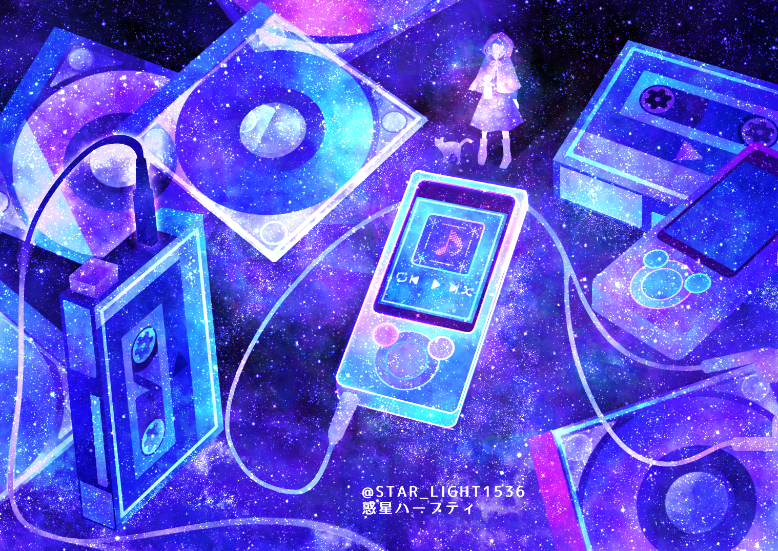1girl cat cd_case commentary_request company_connection digital_media_player digital_walkman earphones mini_person minigirl musical_note object_focus original purple_theme solo sony standing star_(sky) wakusei_habuti walkman watermark