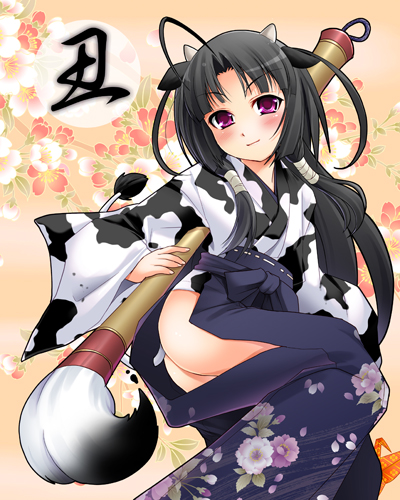 1girl ahoge animal_ears animal_print ass black_hair calligraphy_brush cow_ears cow_print female_focus flower giant_brush horns japanese_clothes kouki_kuu long_hair lowres new_year no_panties oki_kiki oxkouki_kuu paintbrush purple_eyes solo sumaga