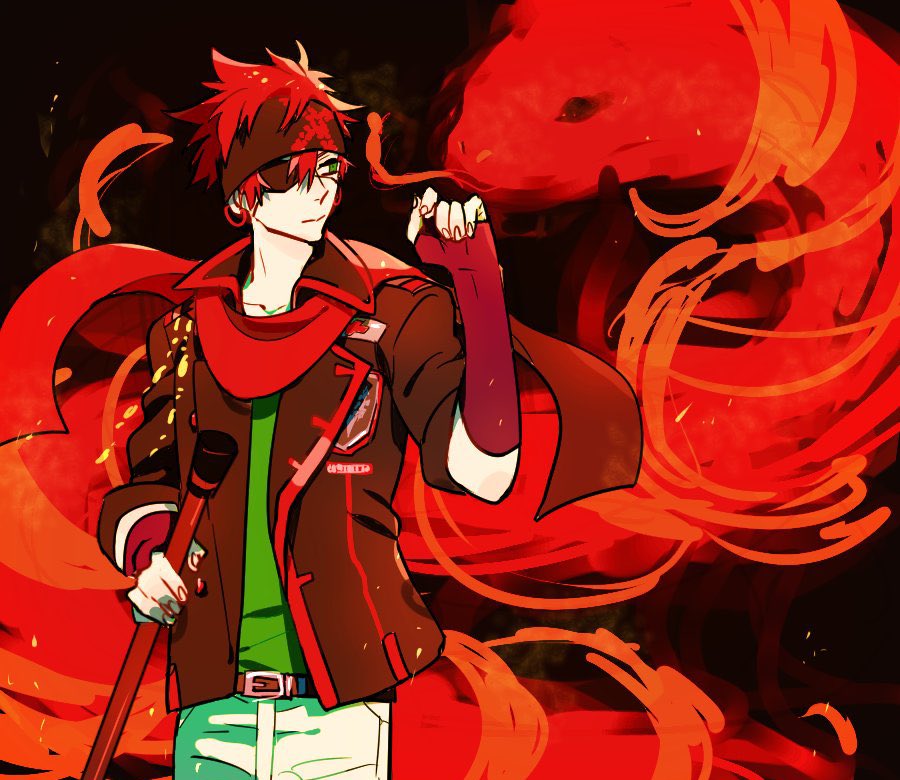 1boy animal badge belt black_background black_coat black_headband black_order_uniform coat collared_coat d.gray-man earrings elbow_gloves eyepatch fingerless_gloves fire giant_snake gloves green_eyes green_shirt hair_between_eyes headband holding holding_staff hoop_earrings jewelry lavi looking_at_another male_focus military military_uniform oilon one_eye_covered oversized_animal pants red_gloves red_hair red_scarf red_snake scarf shirt short_hair snake solo staff striped_coat striped_headband white_pants