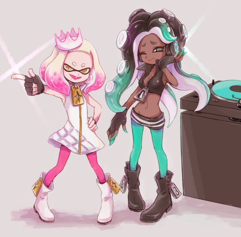 2girls aqua_eyes aqua_hair aqua_pantyhose black_boots black_gloves black_shirt black_shorts blonde_hair boots breasts brown_hair cephalopod_eyes cleavage closed_mouth colored_extremities commentary_request crop_top cross-shaped_pupils crown dark-skinned_female dark_skin dress fang fingerless_gloves full_body gloves gradient_hair hand_on_own_hip headphones horizontal_pupils index_finger_raised inkling kuru long_hair marina_(off_the_hook_outfit)_(splatoon) marina_(splatoon) medium_hair midriff mole mole_under_mouth multicolored_hair multiple_girls navel_piercing nintendo octoling one_eye_closed open_mouth pantyhose pantyhose_under_shorts parted_bangs pearl_(off_the_hook_outfit)_(splatoon) pearl_(splatoon) piercing pink_hair pink_pantyhose shirt short_bangs shorts sleeveless sleeveless_dress smile splatoon_(series) splatoon_2 standing symbol-shaped_pupils tentacle_hair tilted_headwear two-tone_hair white_boots white_crown white_dress yellow_eyes zipper zipper_pull_tab