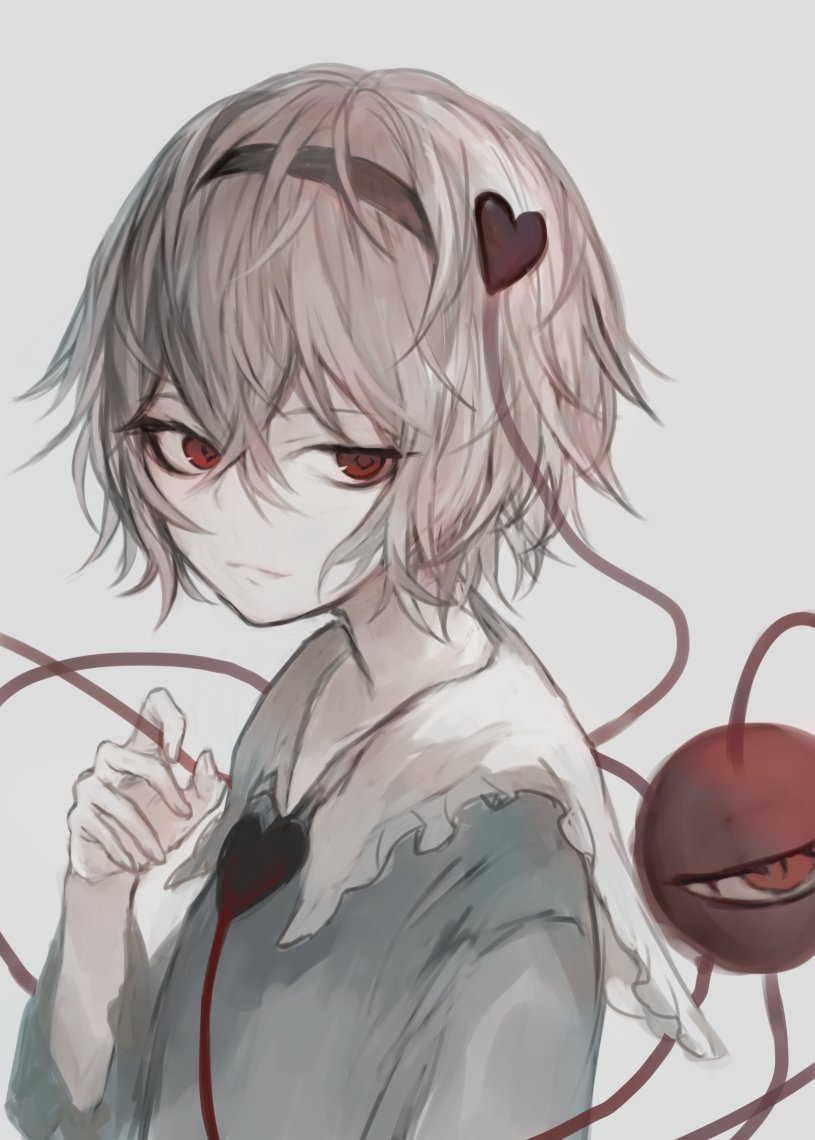 1girl bad_id bad_twitter_id black_hairband blouse blue_shirt closed_mouth commentary expressionless eyebrows_hidden_by_hair frilled_shirt_collar frills from_side grey_background hair_between_eyes hair_ornament hairband hand_up hasunokaeru heart heart_hair_ornament komeiji_satori looking_at_viewer looking_to_the_side pink_hair red_eyes shirt short_hair simple_background solo third_eye touhou upper_body wide_sleeves