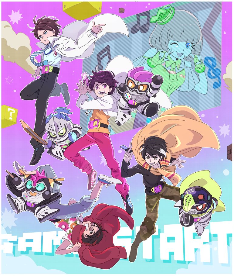 1girl 5boys ?_block beamed_semiquavers belt brown_hair chibi dan_kuroto hanaya_taiga holographic_monitor houjou_emu kagami_hiiro kamen_rider kamen_rider_brave kamen_rider_ex-aid kamen_rider_ex-aid_(series) kamen_rider_lazer kamen_rider_snipe kuujou_kiriya male_focus multiple_boys musical_note necktie pink_background poppi_pipopapo short_hair simple_background smile striped_necktie striped_neckwear treble_clef waura