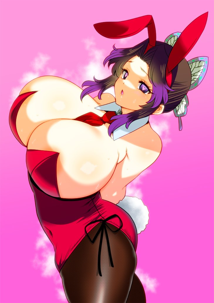1girl alternate_costume animal_ears bow bowtie breasts bug butterfly butterfly_hair_ornament cleavage detached_collar fake_animal_ears hair_ornament haori huge_breasts insect japanese_clothes kimetsu_no_yaiba kochou_shinobu leotard pantyhose perepere-kun playboy_bunny rabbit_ears solo strapless strapless_leotard