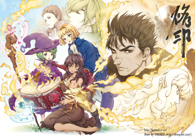 3girls 4boys bad_id bad_pixiv_id barefoot berserk blonde_hair blue_eyes book brown_hair casca_(berserk) closed_eyes dress evarella_(berserk) fairy farnese_(berserk) fire green_hair griffith_(berserk) guts_(berserk) hat isidro_(berserk) long_hair multiple_boys multiple_girls puck_(berserk) red_hair scar schierke_(berserk) serpico_(berserk) short_hair staff white_hair witch witch_hat